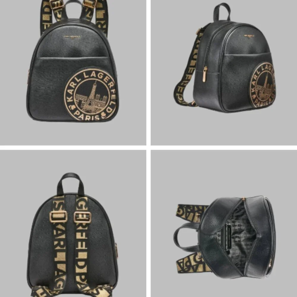 NWT! NEW! Karl Lagerfeld Maybelle Backpack Black with Gold Logo